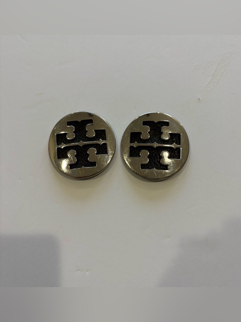 Tory Burch Reva Double T Logo Shoe 2” Medallions Hardware Silver Black Set of 2